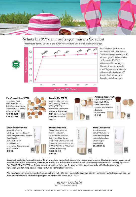 DEUTSCH UV Flyer mit allen jane iredale Juliette Armand etc. Produkte mit SPF15-bis60