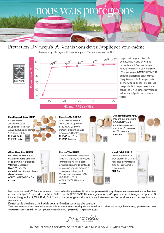 FRANCAIS UV Info avec les produits solaire Jane Iredale et autre fournisseurs SPF15-75 FRANCAIS